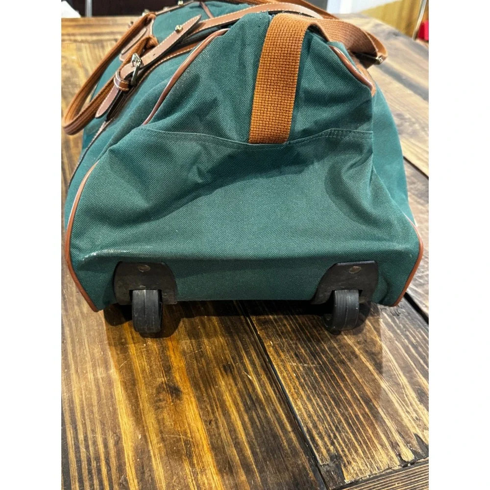 Polo Ralph Lauren Rolling Duffel Bag Green Canvas Leather Trim 24x13x11 Travel